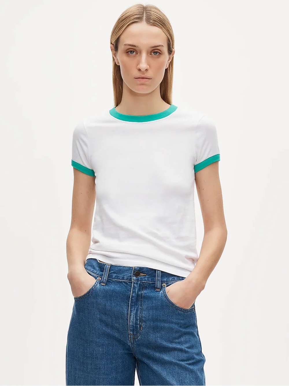 J. Crew White Short Sleeve Tee with Teal Trim